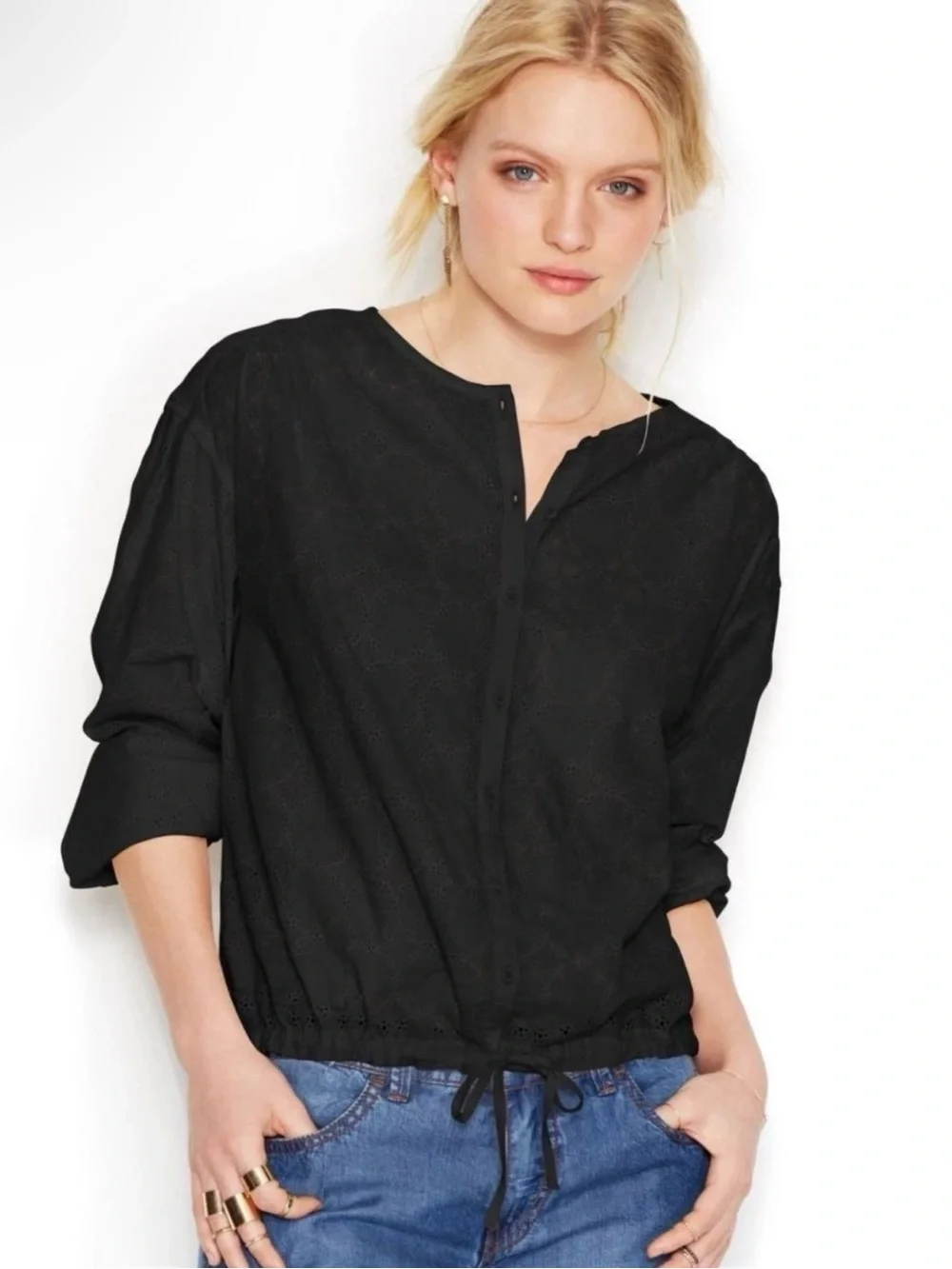 Free People Eyelet Button-Front Blouse in black